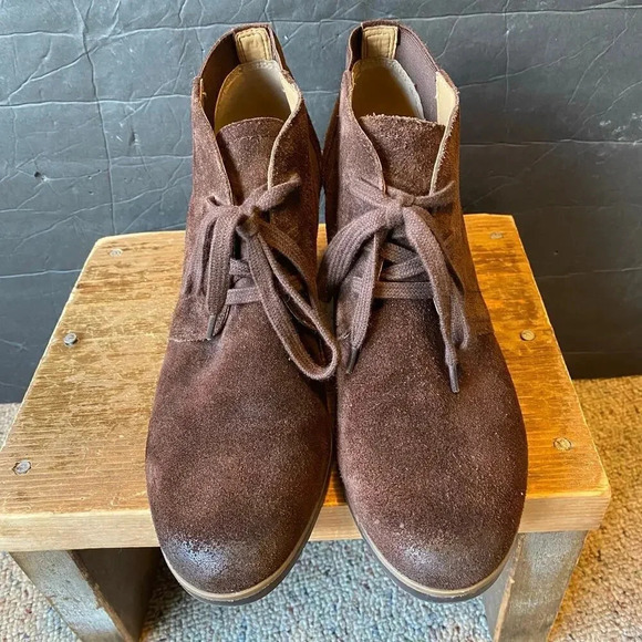 Franco Sarto Sued Brown Leather Upper Wedge 3*”Heels Ankle Boots Women Size 9M - Picture 6 of 7